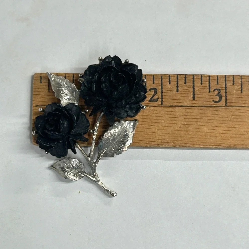 Gothic Black Rose Double Flower‎ Brooch Pin OS Silver Black Dark Romantic Grunge